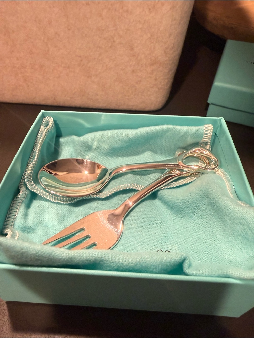 Sterling Silver Baby Spoon and Fork Gift Set - Aqua Lined Box